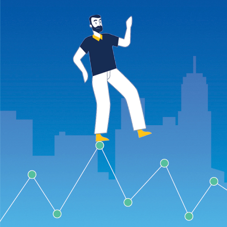 Illustration of man balancing on top of a chart with faded cityscape overlaid on blue background