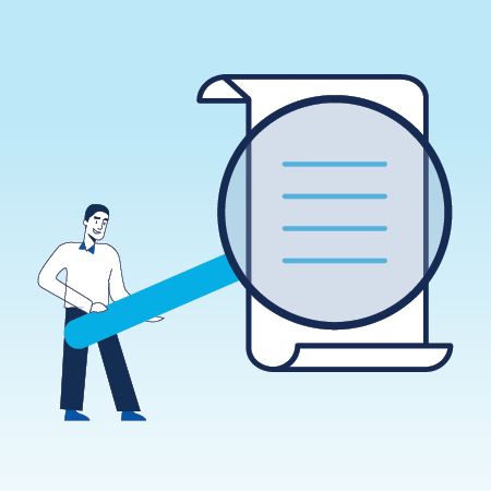 Illustration of man holding magnifying glass up to a document